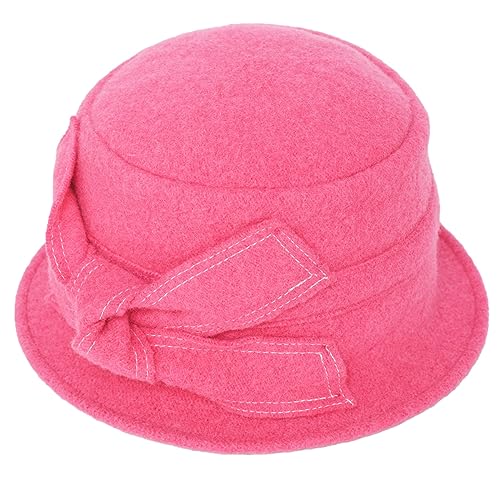 Women 1920s 100% Wool Vintage Cloche Bucket Winter Hat with Bow Knot and Flower - color: Knot-hot Pink