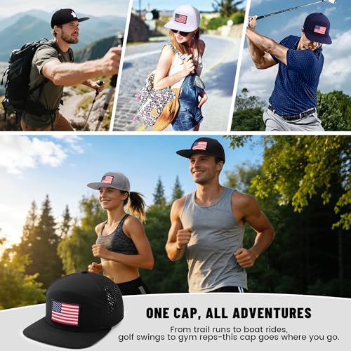 American Flag Baseball Cap, Flat Bill Brim Hat for Men Women, Patriotic Mesh Snapback Hats - color: Black & Red