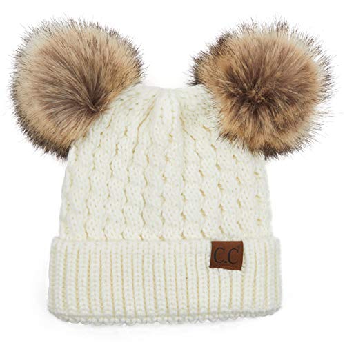 C.C Hatsandscarf Exclusives Cable Knit Double Pom Winter Beanie (HAT-2055)(HAT-23) - color: Ivory-natural Pom