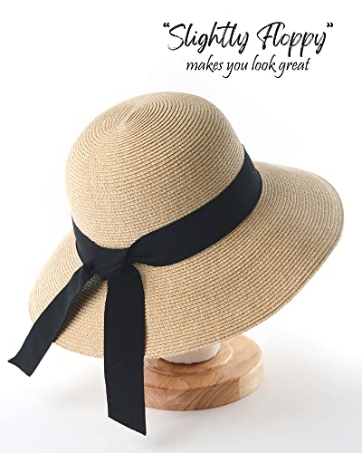 FURTALK Womens Beach Sun Straw Hat Wide Brim UV Protection Travel Hat - color: Mixed Beige Khaki, size: Medium-Large