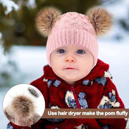 Geyoga 3 Pcs Winter Baby Beanies Double Pompom - color: Light Pink, Cream White, Khaki