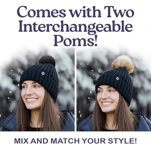 Funky Junque Women’s Winter Detachable Pom Beanie – Warm Knit Hat with Removable Faux Fur Pom, Soft Stretch Acrylic Cozy Cap - color: Black