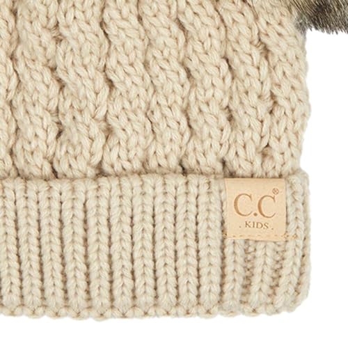 C.C Kids' Cable Knit Double Pom Beanie for Kids - Comfortable Soft Warm Children Skully Hat with Pom - color: Natural Faux Fur Pom Beige
