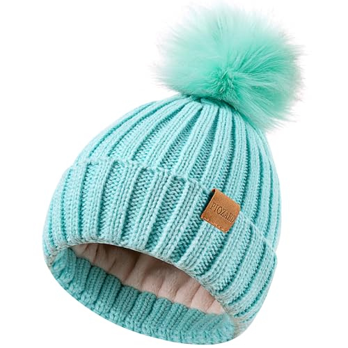 Womens Winter Beanie Hat Fleece Lined Warm Skull Cap with Faux Fur Pom Cuff Knitted Hat for Women - color: Light Green