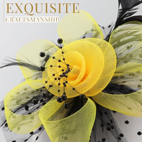DRESHOW Fascinators Hat Flower Mesh Ribbons Feathers on a Headband and a Clip Tea Party Headwear for Girls and Women - color: 7" Diameter / Black & Yellow