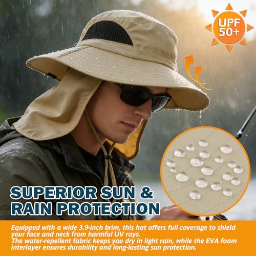 Wide Brim Sun Bucket Hat, Waterproof Boonie Hat for Men & Women - color: 07 Khaki (Full Coverage)