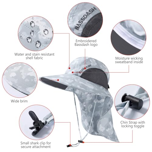 BASSDASH UPF 50+ Unisex Water Resistant Wide Brim Sun Hat with Large Neck Flap Ponytail Fishing Hat for Men Women - color: Light Grey Camo
