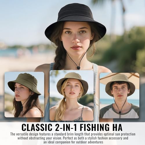 Croogo Windproof Fishing Hats UV Protection Safari Sun Cap Outdoor Bucket Hat Lightweight Boonie Hat for Hiking Camping - color: Gd90-green