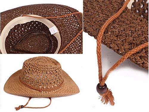 Men's Floppy Packable Straw Hat Beach Cap Newsboy Fedora Sun Hat, Big Brim, Adjustable Chin Strap - color: Brown-a