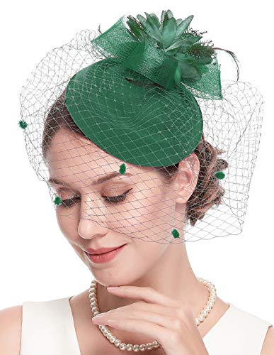 Fascinator Hats for Women 20s 50s Vintage Pillbox Hat Kentucky Derby Fascinators Flower Veil Wedding Tea Party Hat - color: 1-green