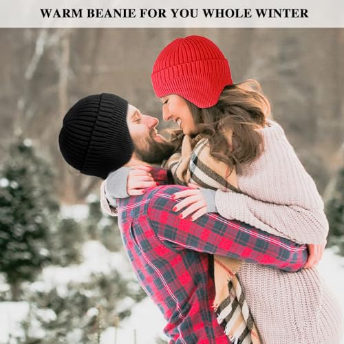 Heniho 2pcs Winter Beanies with Ear Flaps for Men Women, Warm Knit Earflaps Cap Thick Hats - color: F- Black, Red