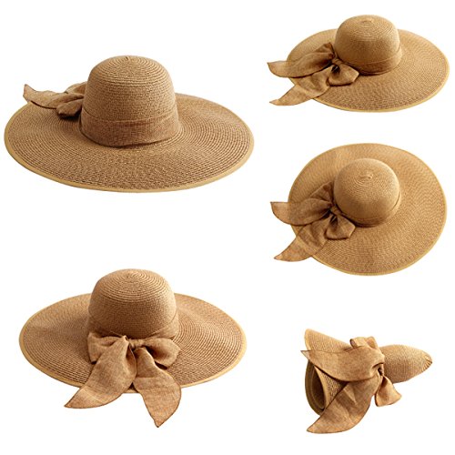 Lanzom Womens 5.7 Inches Big Bowknot Straw Hat Large Floppy Foldable Roll up Beach Cap Sun Hat UPF 50+ - color: Khaki