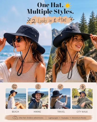Wide Brim Waterproof Bucket Rain Hat for Women Men UPF50+ Cowboy Sun Hat - color: Navy Blue