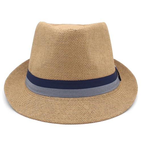 LIDHAY Short Brim Panama Hat Straw Fedora Hats for Men Women Summer Derby Trilby Hats Beach Sun Hat - color: Khaki