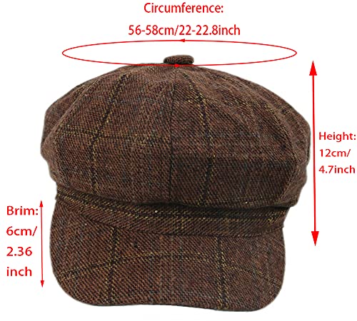Plaid Newsboy Hat,Cabbie Baker Boy Cap,Fiddler Beret Paperboy Gatsby Flat - color: Brown