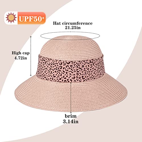 Womens Straw Sun Hat Summer Beach Wide Brim UV Protection Hats with Chin Strap Floppy Foldable Cute Bowknot UPF 50 Cap - color: Leopard Pink