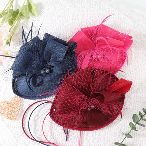 AQOKKA Women Fascinators Hats Flower Mesh Feathers Headband Clip - color: 1 Pc Feather Fascinators : Burgundy a