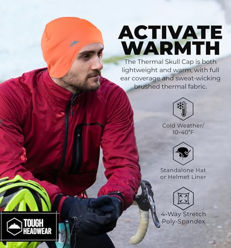 Tough Headwear Thermal Skull Cap - Moisture-Wicking Running Beanie - Snug Fit Ski Helmet Liner - Lightweight Cycling Cap - color: Hi-viz Orange