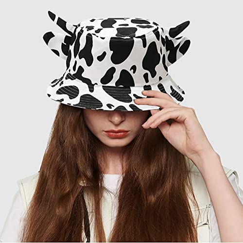 Unisex Bucket Hat Summer UPF 50+ Sun Protection Outdoor Beach Fishing Travel Hiking Hat - color: Cow Print Horns and Ears