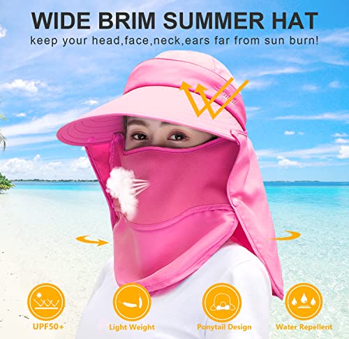 Women Wide Brim Face Mask Sun Hat Detachable Neck Face Flap Ponytail UV Protection Visor Hat Garden Fishing Hiking - color: A7-shun005-meihong