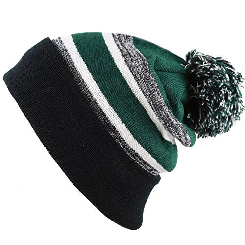 Winter Knit Beanie Hat with Pom Pom – Warm Cuffed Slouch Ski Cap for Men & Women - color: 1.black and D.green With Pom