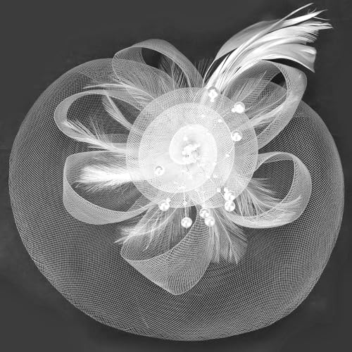Womens Fascinators Mesh Hats Tea Party Hats for Women Feather Veil Headband - color: White