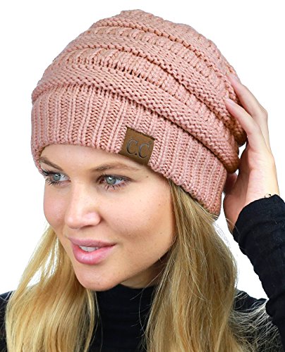 C.C Unisex Chunky Soft Stretch Cable Knit Warm Fuzzy Lined Skully Beanie - color: Indi Pink
