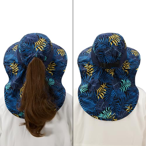 BASSDASH UPF 50+ Unisex Water Resistant Wide Brim Sun Hat with Large Neck Flap Ponytail Fishing Hat for Men Women - color: Colorful Leaves/Dark Blue