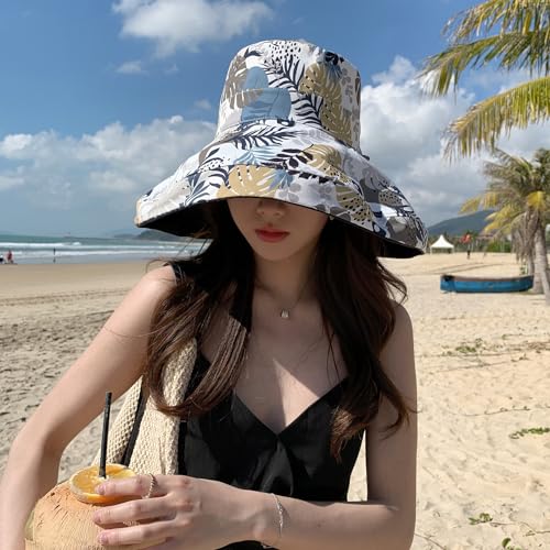 Women Wide Brim Sun Protection Hat Summer Fishing Hats - color: Navy and Leaf Print