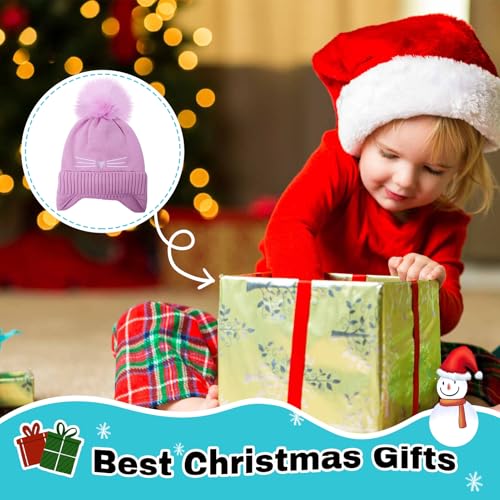 Girls Beanie Knit Hat with Ear Flaps Rainbow Cat Hats Toddler Kids Winter Outdoor Skull Snow Ski Cap Age 2-10 - color: Purple, size: 5-10 Years