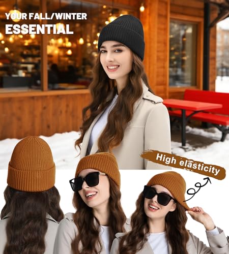 Seamless Beanie Hat for Men Women Wool Fisherman Beanies Winter Hats - color: Golden Brown