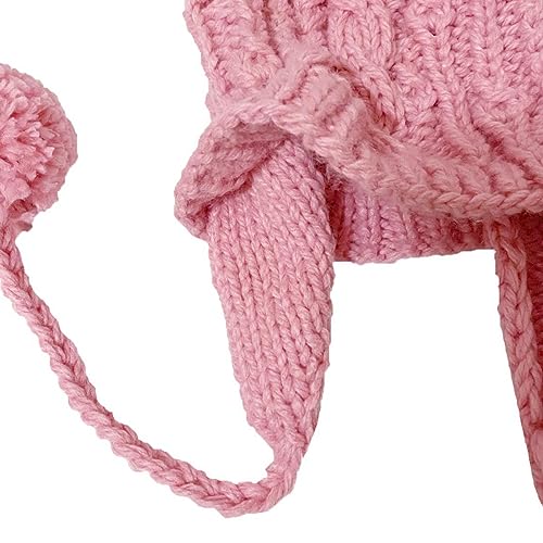 Women Winter Crochet Hat Cable Knit Beanie Ski Ear Flaps Pom Cap - color: Pink