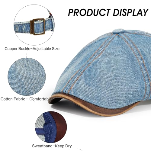Newsboy Cap for Men Adjustable 6 Panel Flat Hat - color: Denim-1-mediumblue