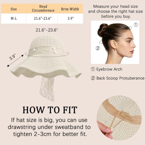 Sun Hats for Women Summer Straw Beach Hat UV Protection Floppy Wide Brim Travel Bucket Hat Foldable Packable - color: White-lace Bow