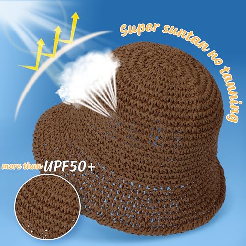 Womens Sun Hat Handmade Straw Bucket UV Protection Travel Summer Beach Cap - color: Coffee