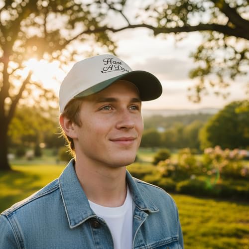 Embroidered Baseball Cap, Cotton Dad Hat, Fun & Heartfelt Stitching, Adjustable Casual Outdoor Hat for Men Women - color: Have a Day - Dark Green/Beige