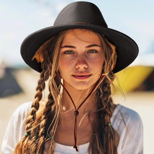 DRESHOW Womens Summer Straw Sun Hat Wide Brim Bucket Hats Fedora Hat Panama Beach Hat with Chin Strap UPF 50+ - color: 1 Pc Panama Fedora: Black