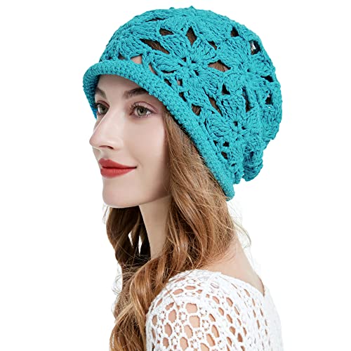 ZLYC Women Cotton Crochet Slouchy Beanie Hat Handmade Knit Summer Skull Cap - color: Crochet Peacock Blue