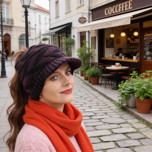 Women's BeanieTail Warm Knit Hat Messy High Bun Ponytail Visor Beanie Cap - color: B341-purple, size: Medium