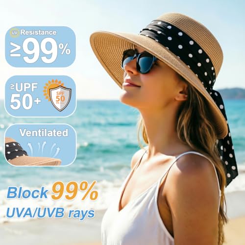 DRESHOW Sun Hats for Women Travel Fedora Foldable Beach Sun Hat Summer Wide Brim Straw Bucket Hat with Bowknot UPF 50+ - color: 1 Pack Bowknot Straw Hat: Khaki With Black Polka Dot Band