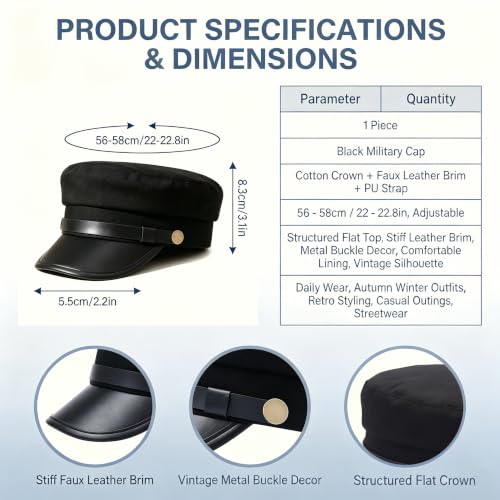 Unisex Vintage Chauffeur Newsboy Cap with Metal Buckle, Black