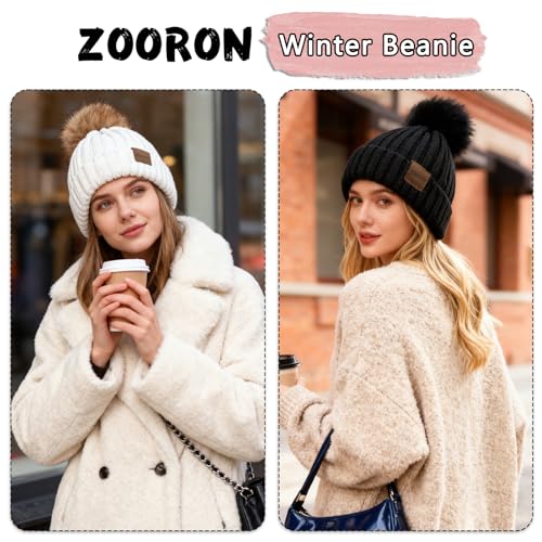 ZOORON Womens Winter Knitted Beanie Hat with Faux Fur Pom Beanie Warm Knit Skull Cap Beanie for Women - color: 1black