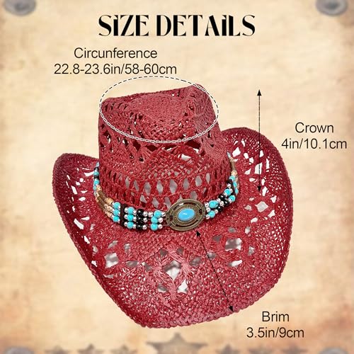 Carnavalife Straw Cowboy Hat for Women and Men, Western Cowgirl Hat with Turquoise Beaded Band for Rodeos and Festivals - color: Red, size: 7 1/2