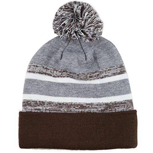 Winter Knit Beanie Hat with Pom Pom – Warm Cuffed Slouch Ski Cap for Men & Women - color: 1.brown and Grey With Pom