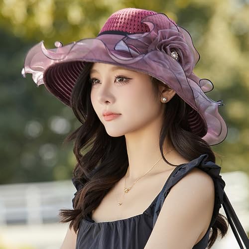 Floral Church Wide Brim Sun Hat, Breathable Derby Tea Party Hat - color: Red