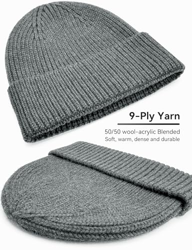 vidsel 50% Wool Thick Beanie Hat Men Women, Seamless Cuffed Knit Cap, Gray