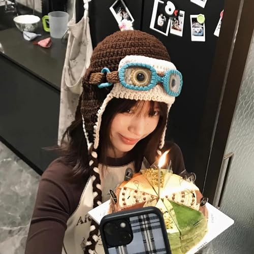Pilot Crochet Beanie with Goggles Decoration, Knit Soft Warm Hat with Ear Flap, Knitted Winter Beanie Hat for Cosplay