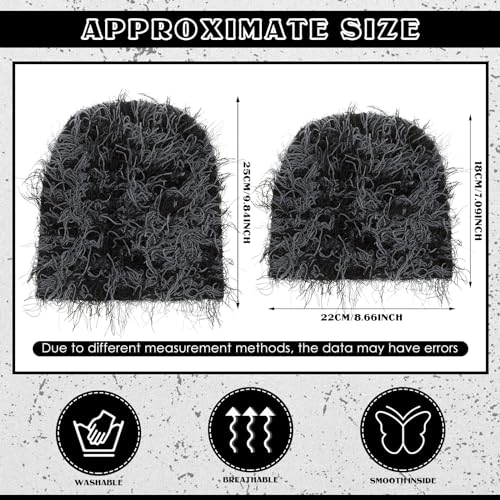 Chuarry Distressed Knitted Beanie Fuzzy Winter Hat - color: Black and Gray