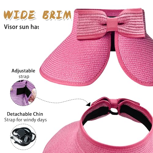Women's Sun Visor Hats Wide Brim Straw Beach Hat Ponytail Hats for Women Foldable Floppy - color: 1pack-rose