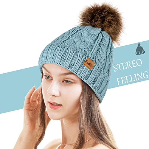 REDESS Women Winter Pompom Beanie Hat with Warm Fleece Lined Thick Slouchy Snow Knit Hat Skull Ski Cap - color: Blue